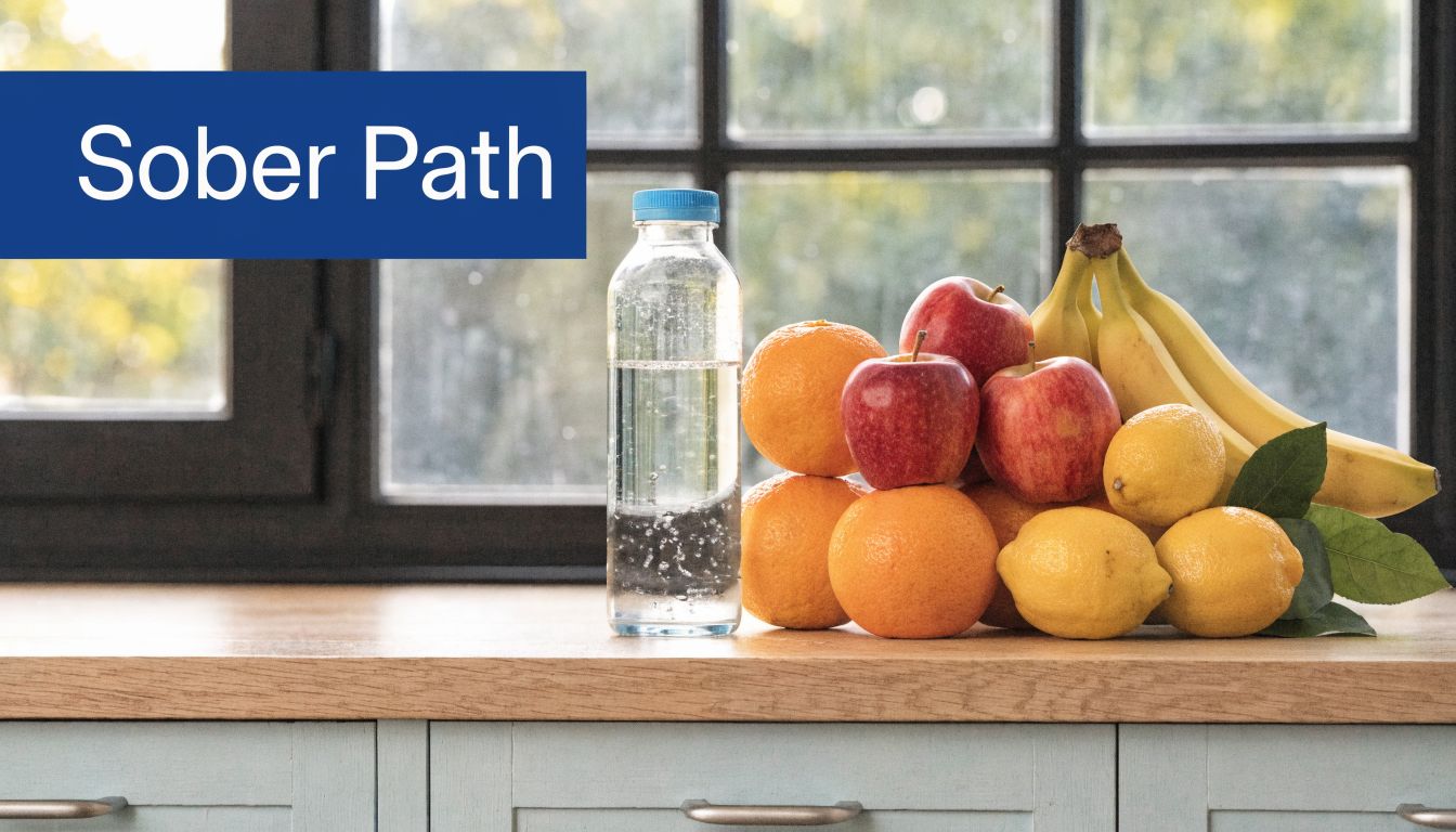 A bottle of water and a variety of fresh fruits on a wooden countertop near a window.