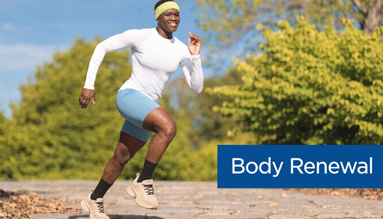 A fit person running outdoors in athletic wear on a sunny day with text body renewal.