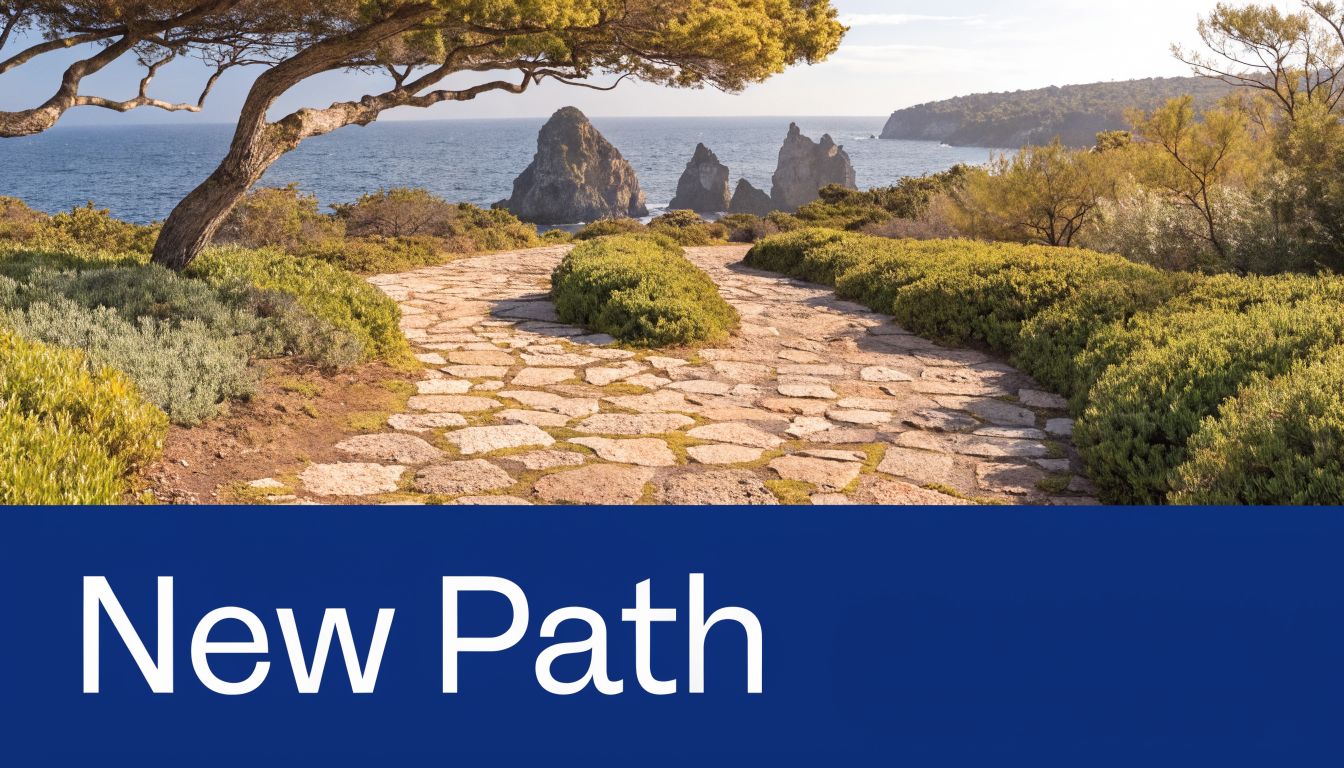 A scenic stone path winding through lush coastal vegetation towards beautiful rock formations in the sea.