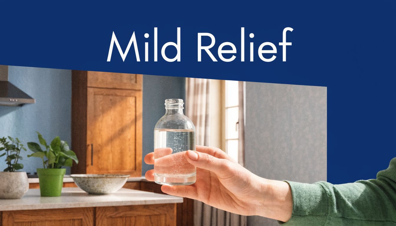A hand holds a clear glass bottle containing a liquid inside a bright, sunlit kitchen setting.
