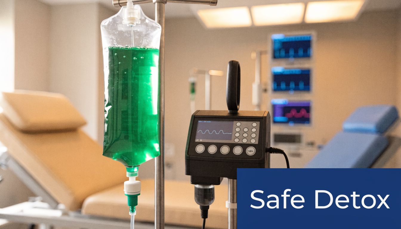 An IV bag filled with green liquid hanging next to medical monitoring equipment in a hospital room.