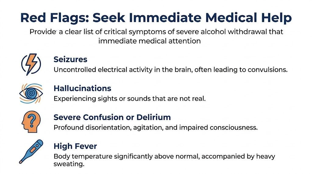 A list of red flag symptoms indicating the need for immediate medical help during alcohol withdrawal.