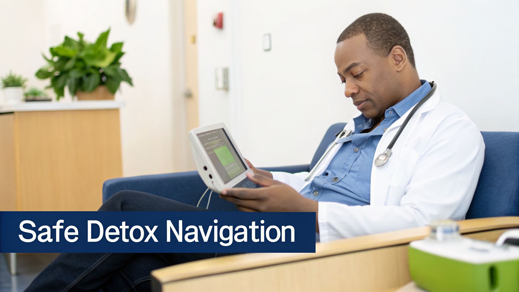 A male doctor in a lab coat sits on a couch, examining a medical device, with a 'Safe Detox Navigation' banner.