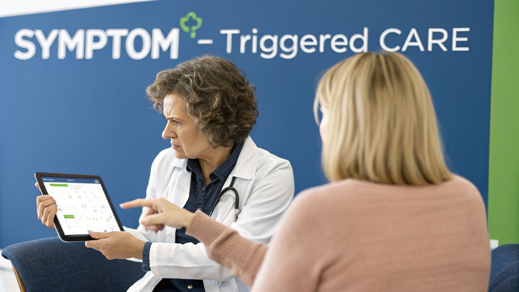 A doctor and patient discuss medical data on a tablet, with 'SYMPTOM - Triggered CARE' text on a blue wall.