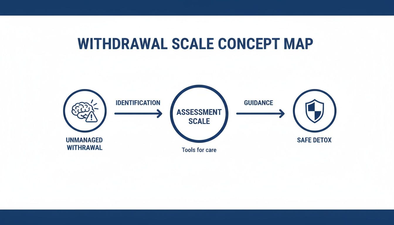 A concept map showing the process from unmanaged withdrawal to safe detox using an assessment scale.