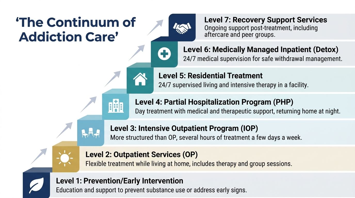 A staircase diagram illustrating seven levels of addiction care ranging from prevention to long-term recovery support.