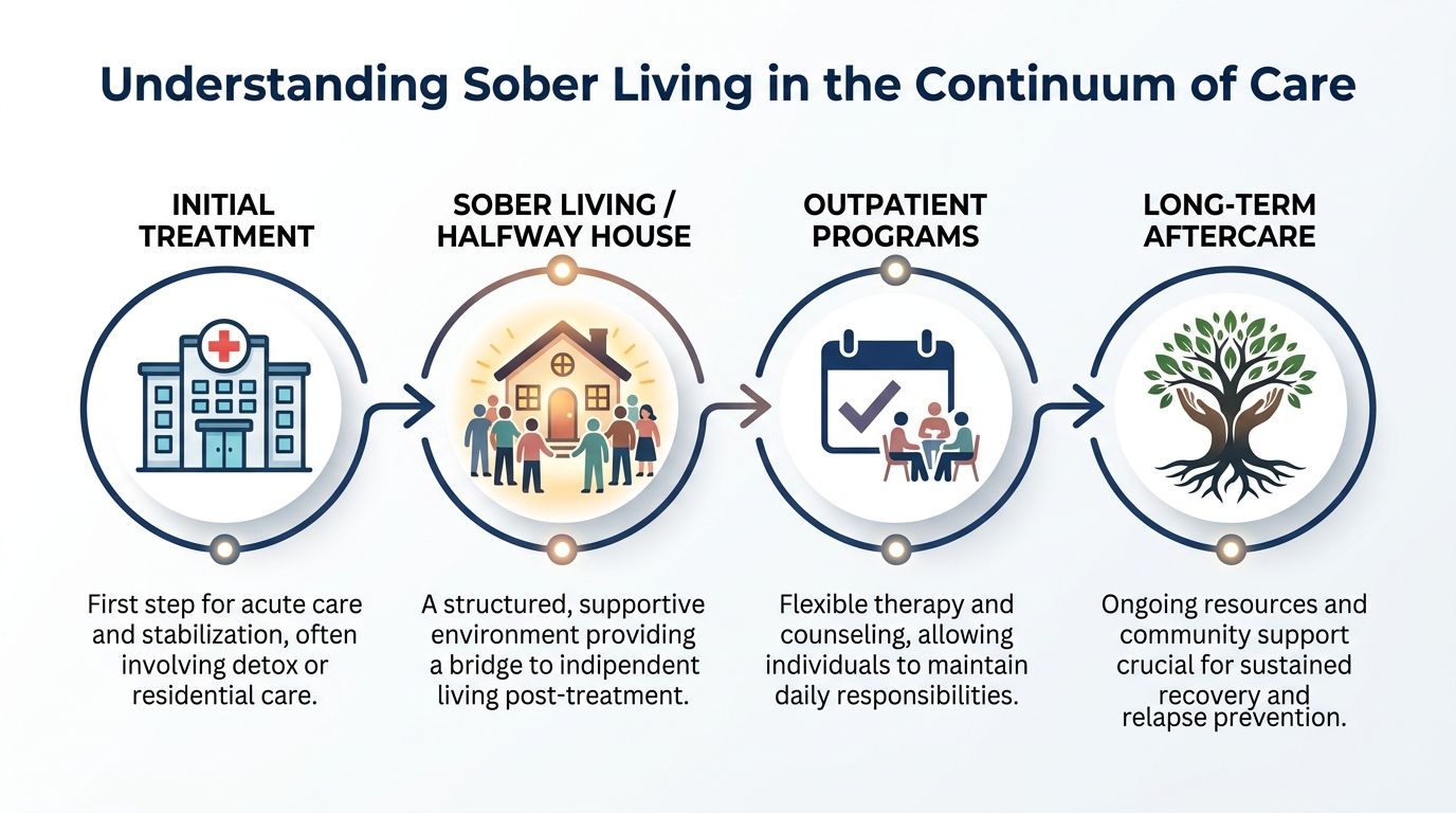 A diagram illustrating the continuum of addiction recovery care from initial treatment to long-term aftercare.
