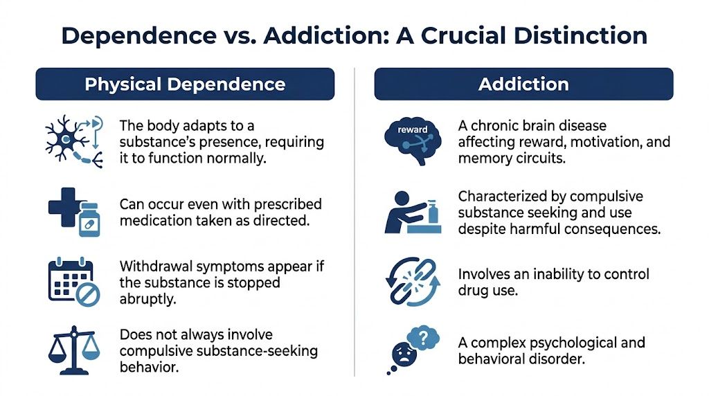 A comparison chart explaining the key differences between physical dependence and addiction to substances.