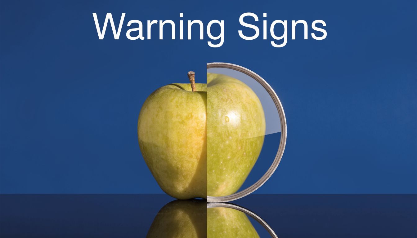 A yellow apple split into two halves, one seen through a magnifying glass against blue background.