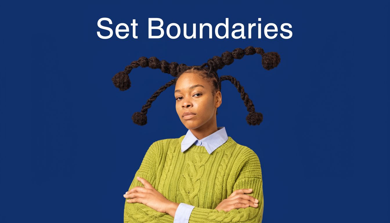 A young Black woman with unique braided hair standing with her arms crossed against a blue background.