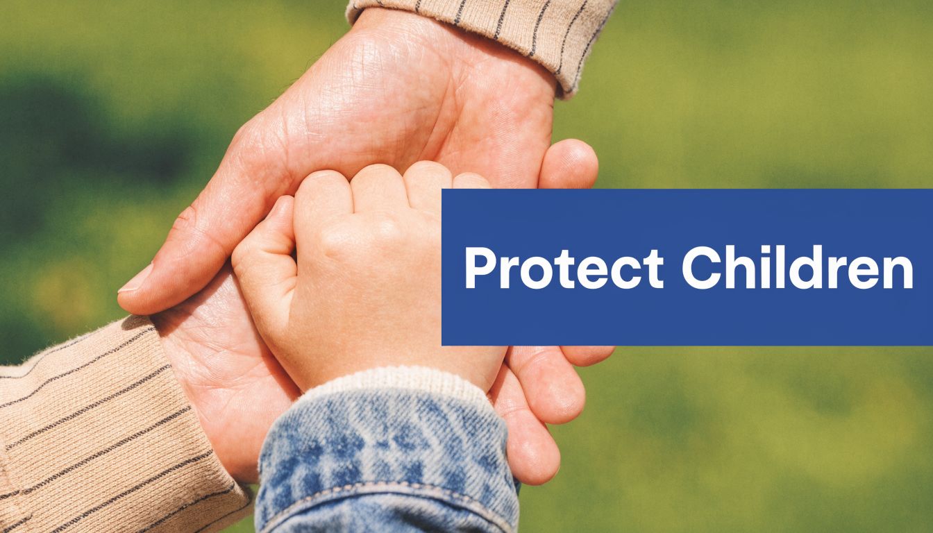 An adult holding a child's hand securely to represent safety and the need to protect children.