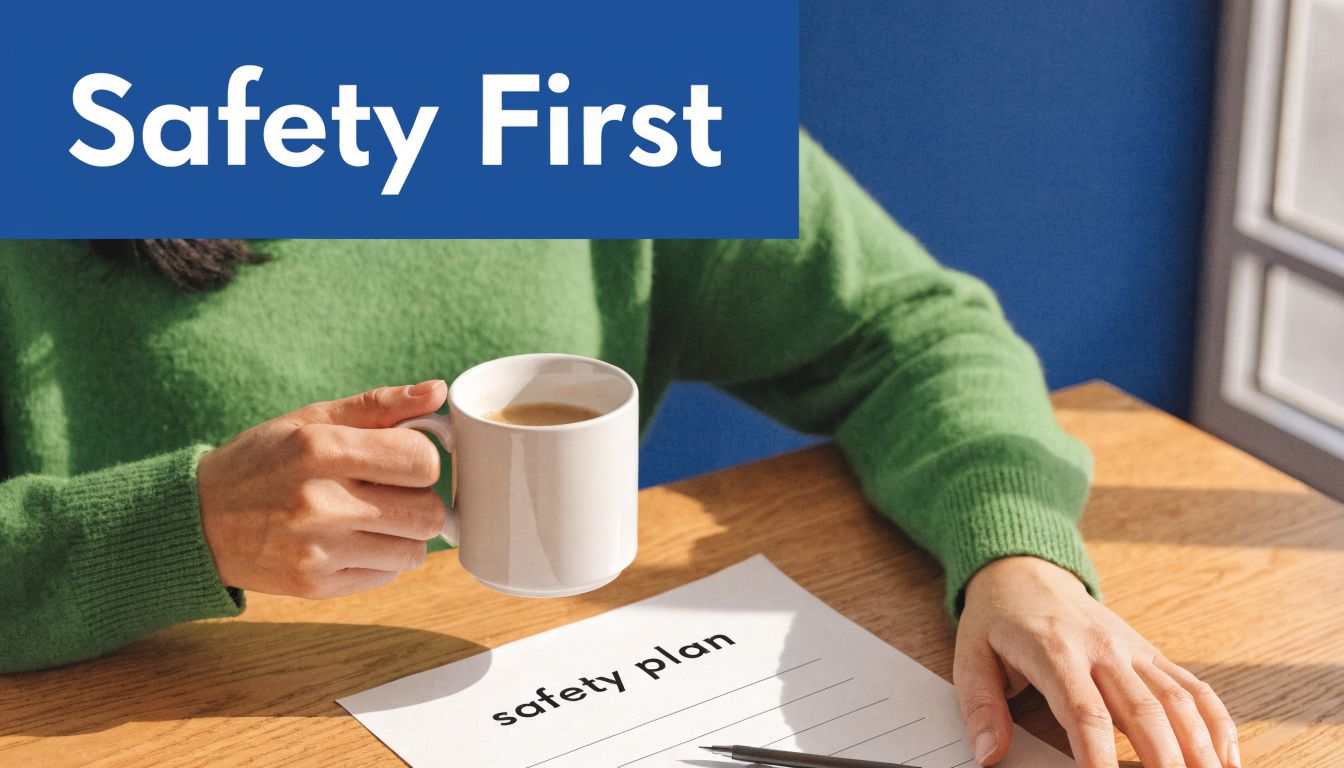 A person in a green sweater holding a mug while sitting at a table with a safety plan.