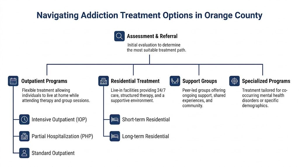 A flowchart diagram explaining various addiction treatment options available for residents in Orange County.