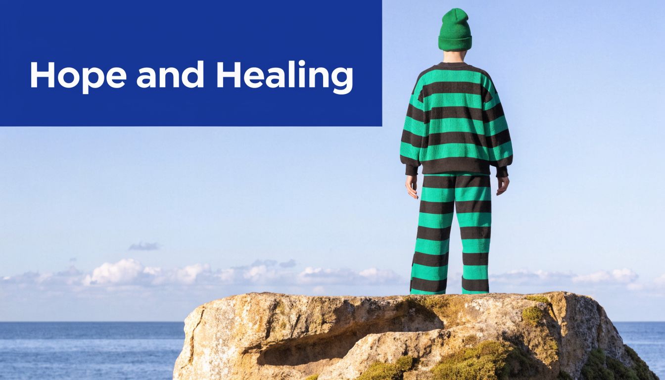 A person wearing a green and black striped outfit standing on a rock looking at the ocean.
