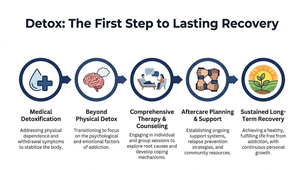 A five-step flowchart illustrating the addiction recovery process from medical detox to sustained long-term personal growth.