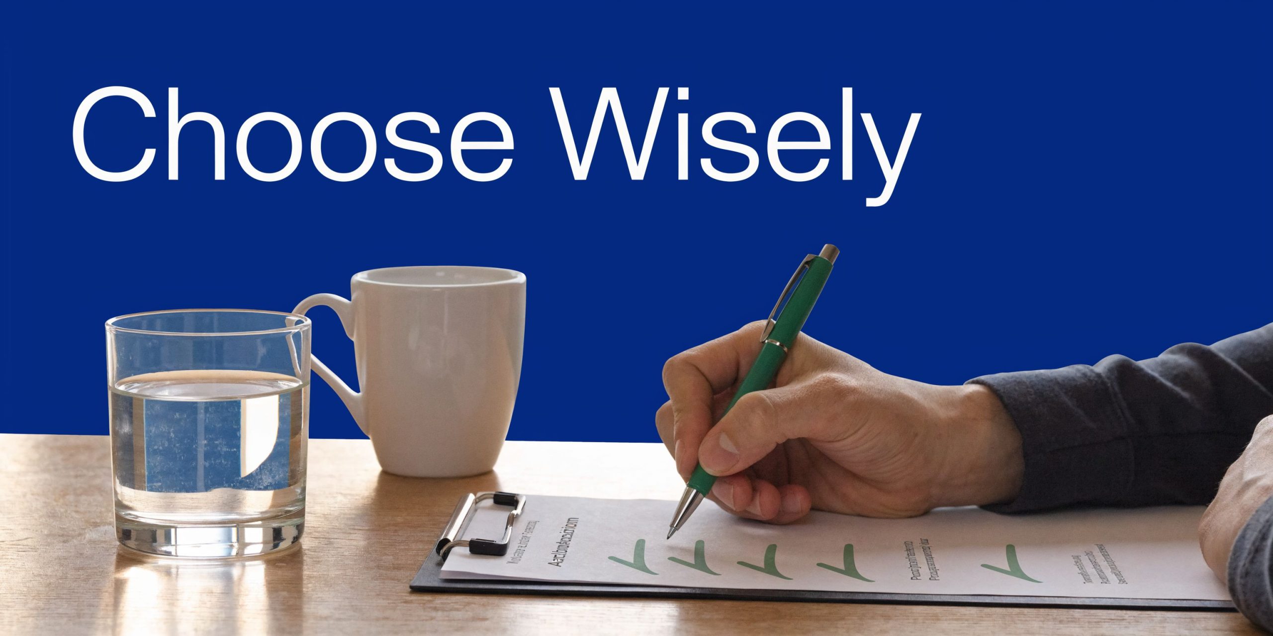 A person writing on a checklist while sitting at a table with a glass of water.