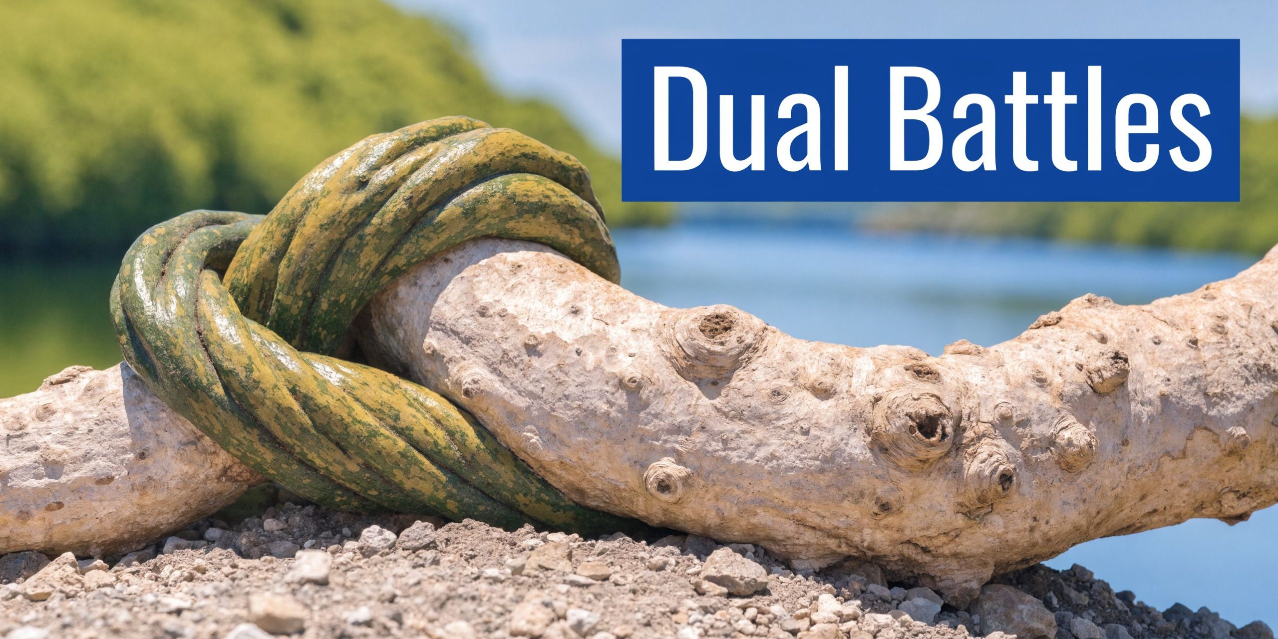 A thick, textured tree branch tied with a green, braided vine against a scenic, blurred coastal background.