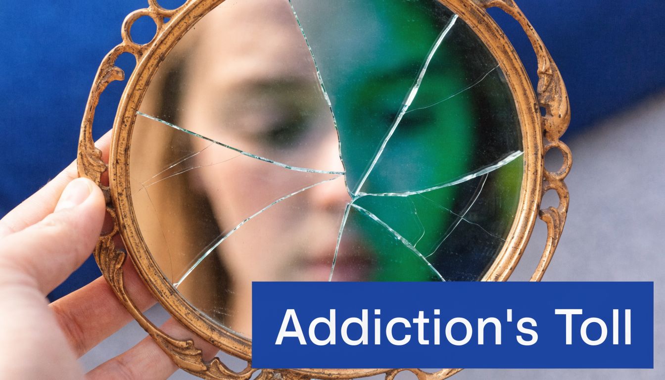 A hand holds a cracked round mirror reflecting a person with a split face of natural and green.
