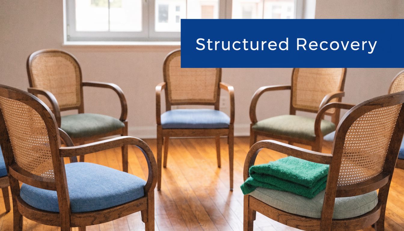 A circle of wooden chairs with rattan backs arranged for a supportive group therapy or recovery session.