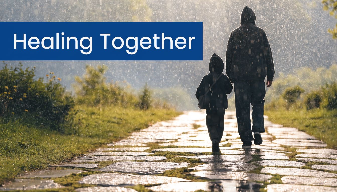A silhouette of an adult and a child walking together along a stone path during rain.