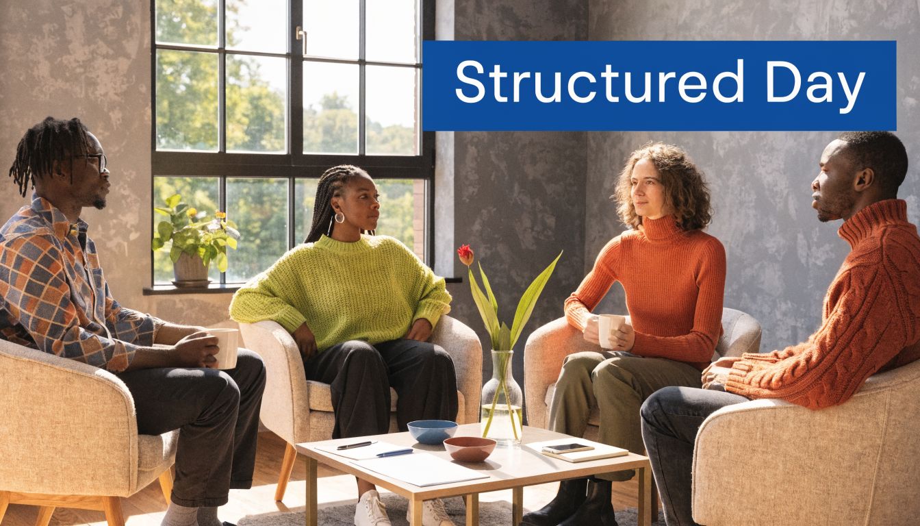 A diverse group of four people sitting in chairs during a structured day therapy support meeting.