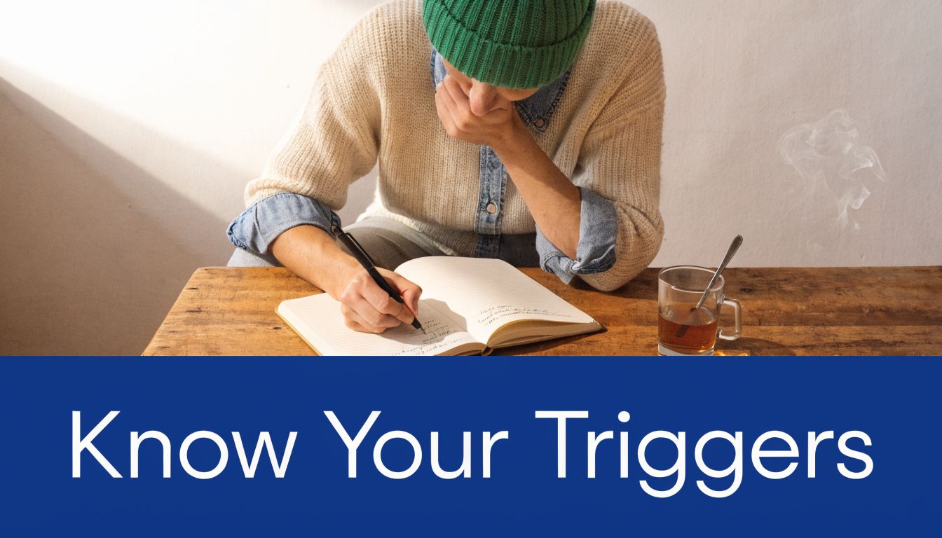 A person in a green beanie sits at a wooden desk, writing in a notebook near tea.