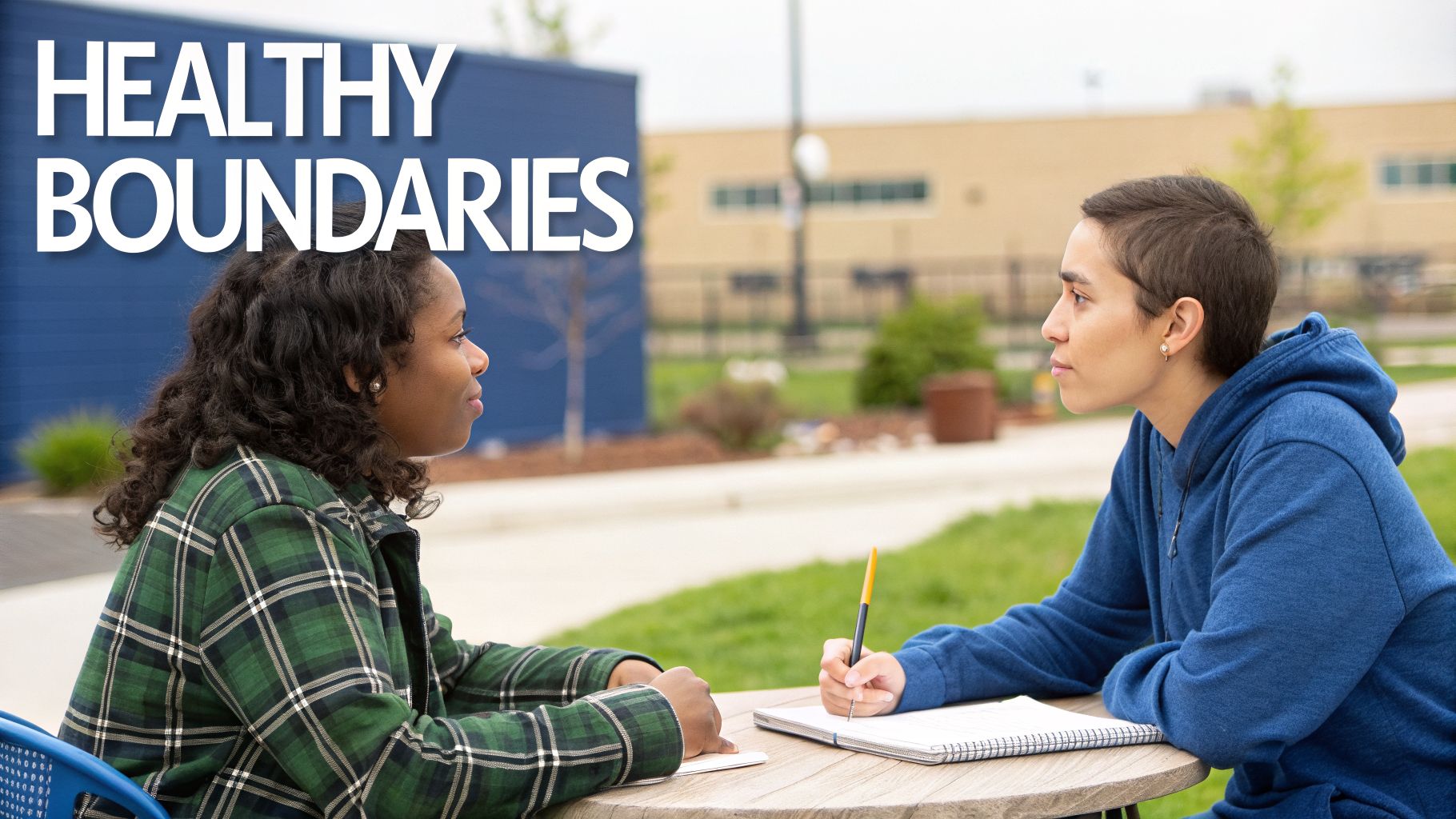 Two individuals engaged in an outdoor discussion, one writing notes, with 'HEALTHY BOUNDARIES' text.