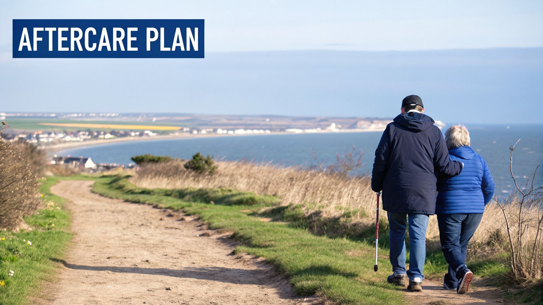 Elderly couple walks arm-in-arm on a scenic coastal path, with a banner stating 'AFTERCARE PLAN'.