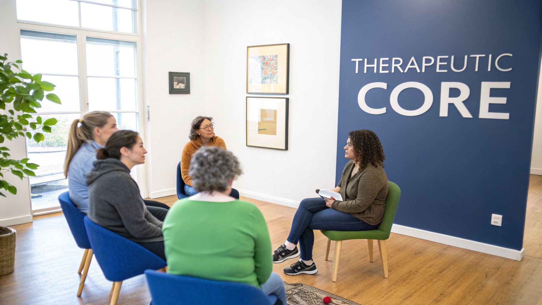 Five women sit in a circle during a group therapy session, one holding a notebook, in a room with a blue wall.