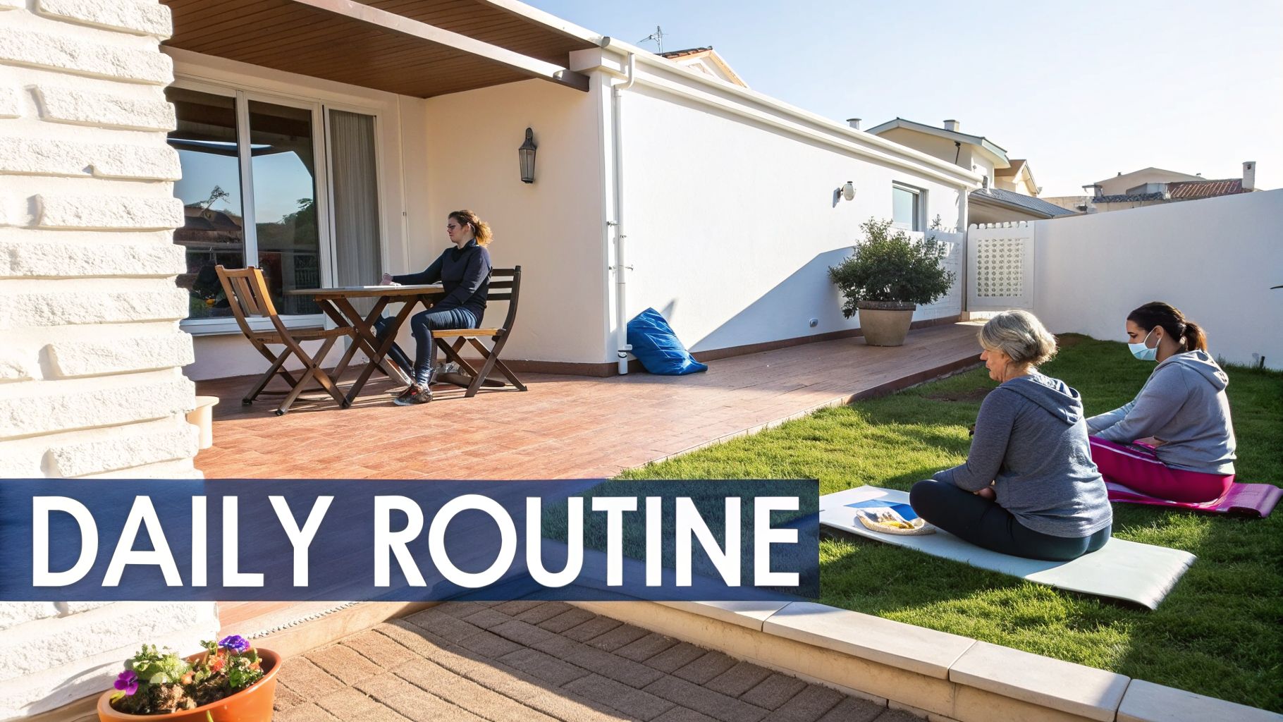 Three women engaged in daily routines outdoors, two meditating on a lawn and one working at a table.