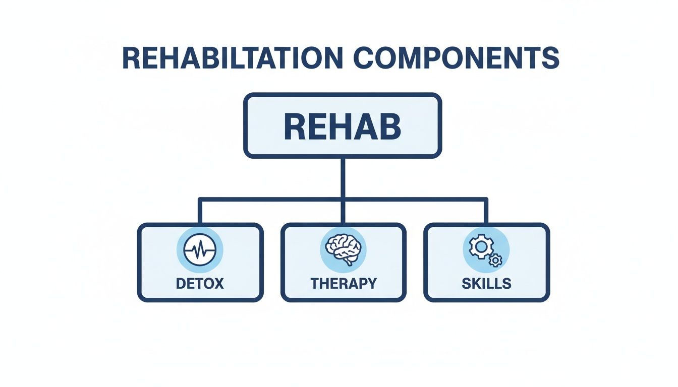 Flowchart illustrating rehabilitation components: Rehab, Detox, Therapy, and Skills with icons.