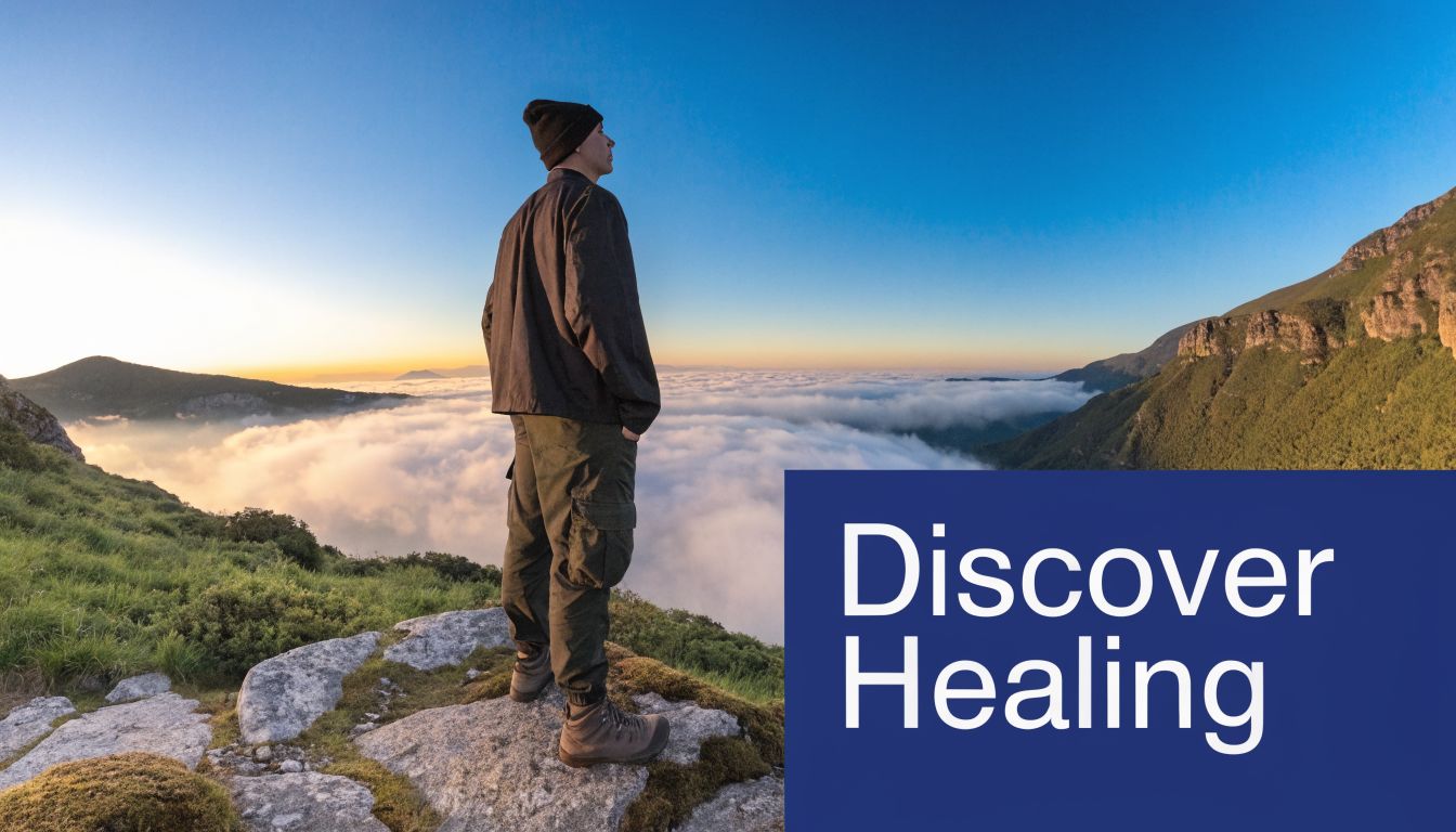 A man wearing a beanie and jacket standing on a rocky mountain peak looking over clouds.
