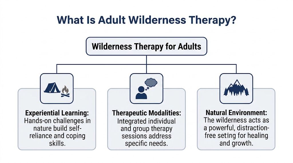 An infographic diagram outlining the core components of wilderness therapy programs for adults including experiential learning.