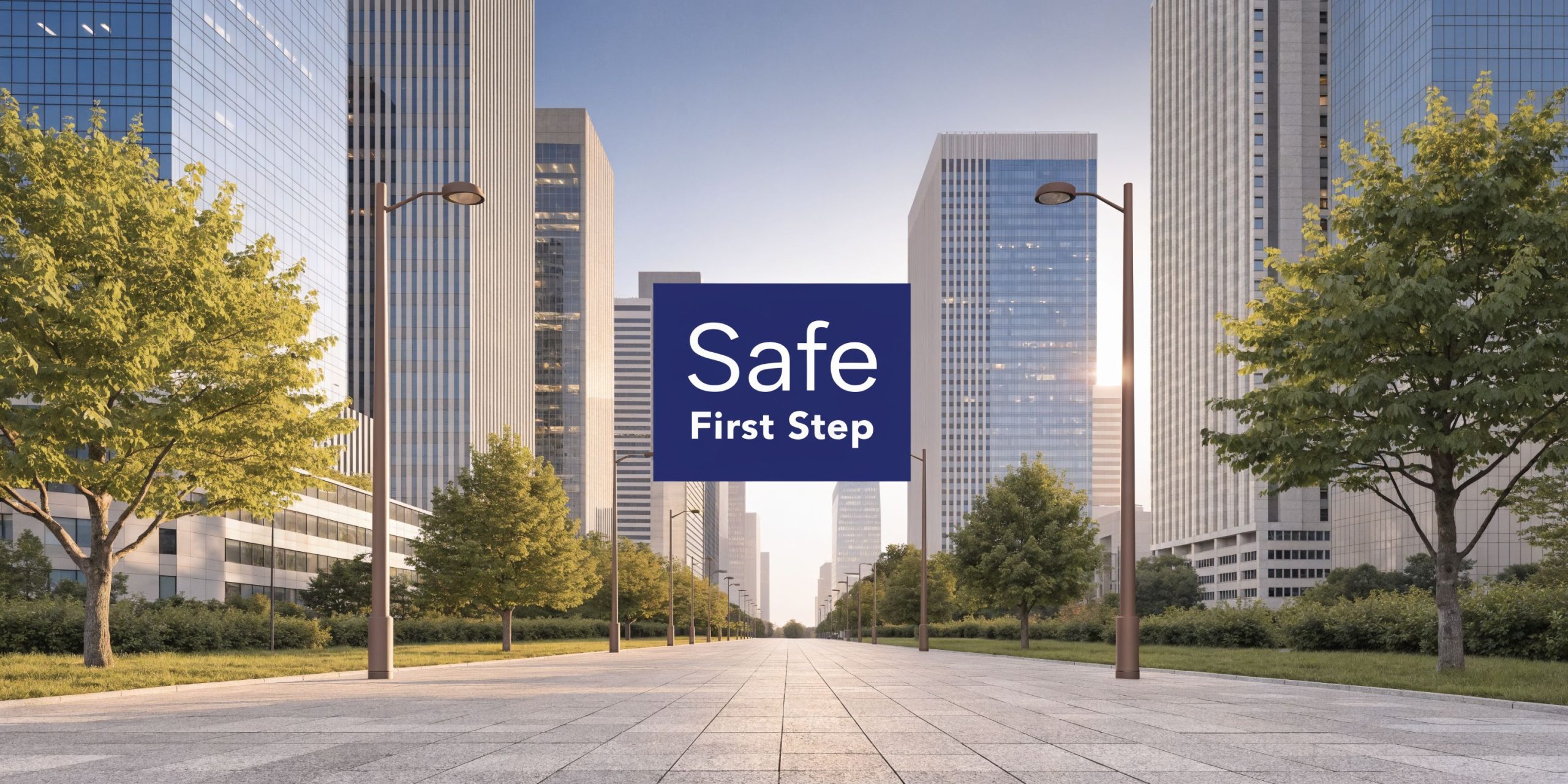 A modern city street with skyscrapers and trees leading to a sign that says Safe First Step.
