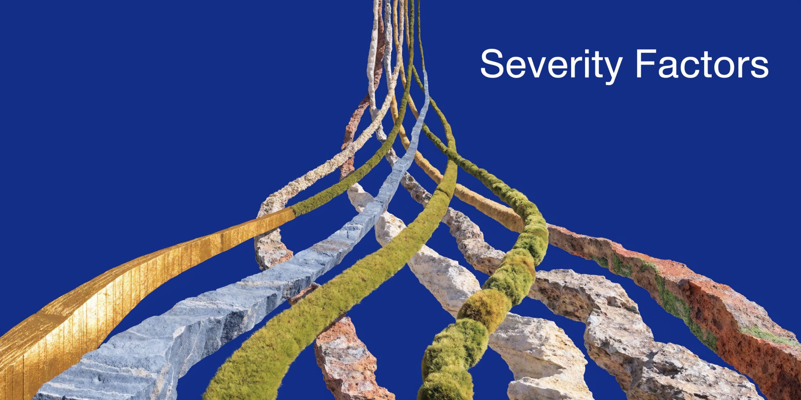 Abstract representation of diverging textured stone-like pillars on a deep blue background with the title Severity Factors.