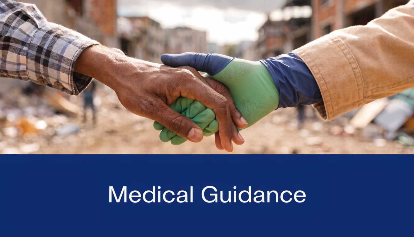 A close-up view of two hands shaking, symbolizing support, collaboration, and humanitarian aid in a community.