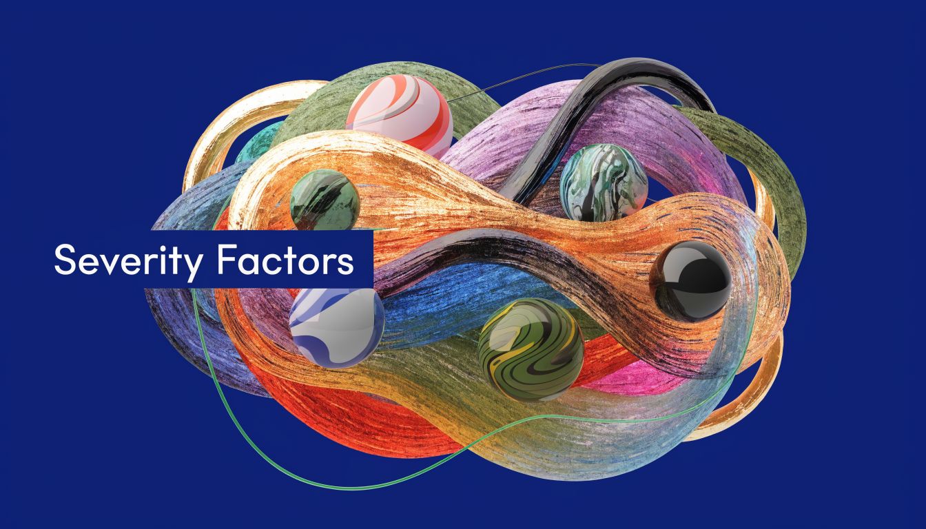 A colorful 3D abstract graphic featuring swirling ribbons and spheres with the text Severity Factors.
