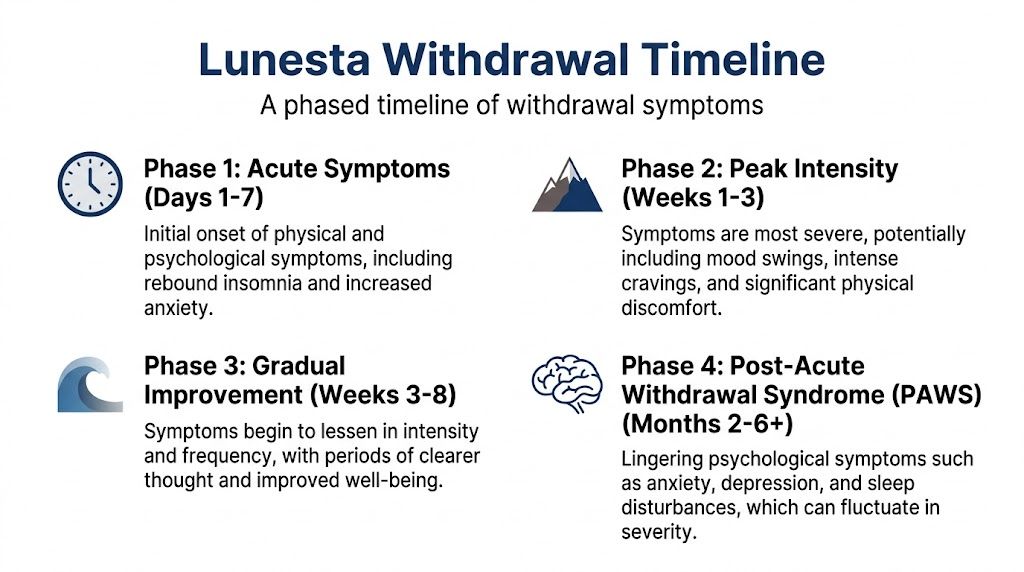 A diagram outlining the four-phase Lunesta withdrawal timeline from acute symptoms to long-term recovery.
