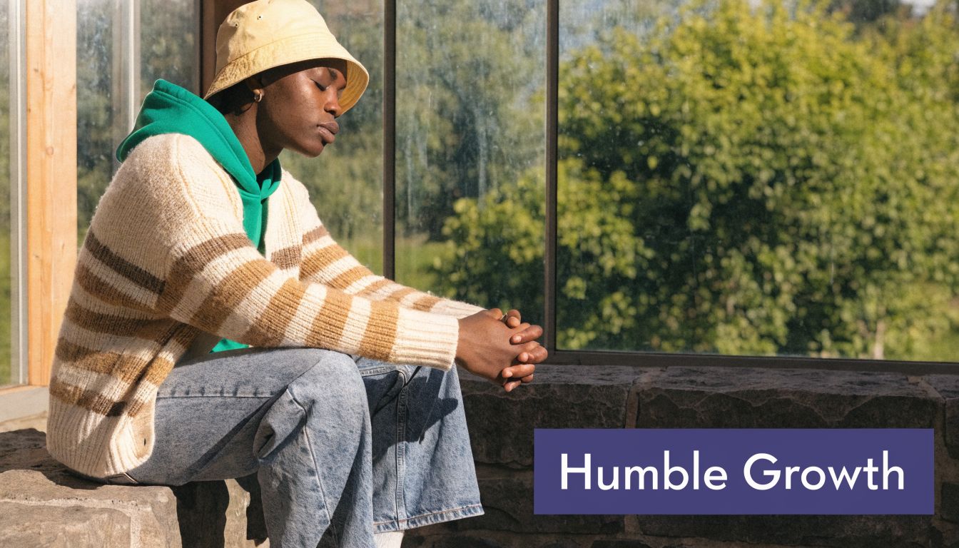 A person wearing a striped cardigan and bucket hat sitting peacefully near a window for meditation.