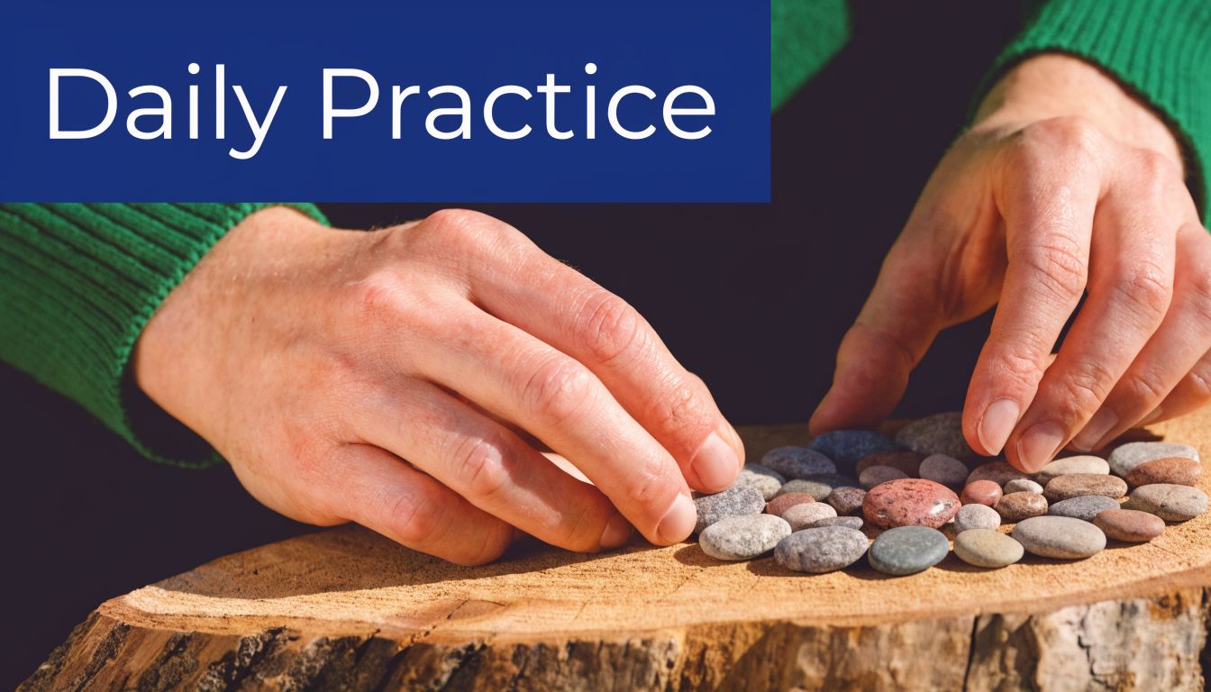 A person in a green sweater arranging small smooth stones on a wooden surface for daily practice.