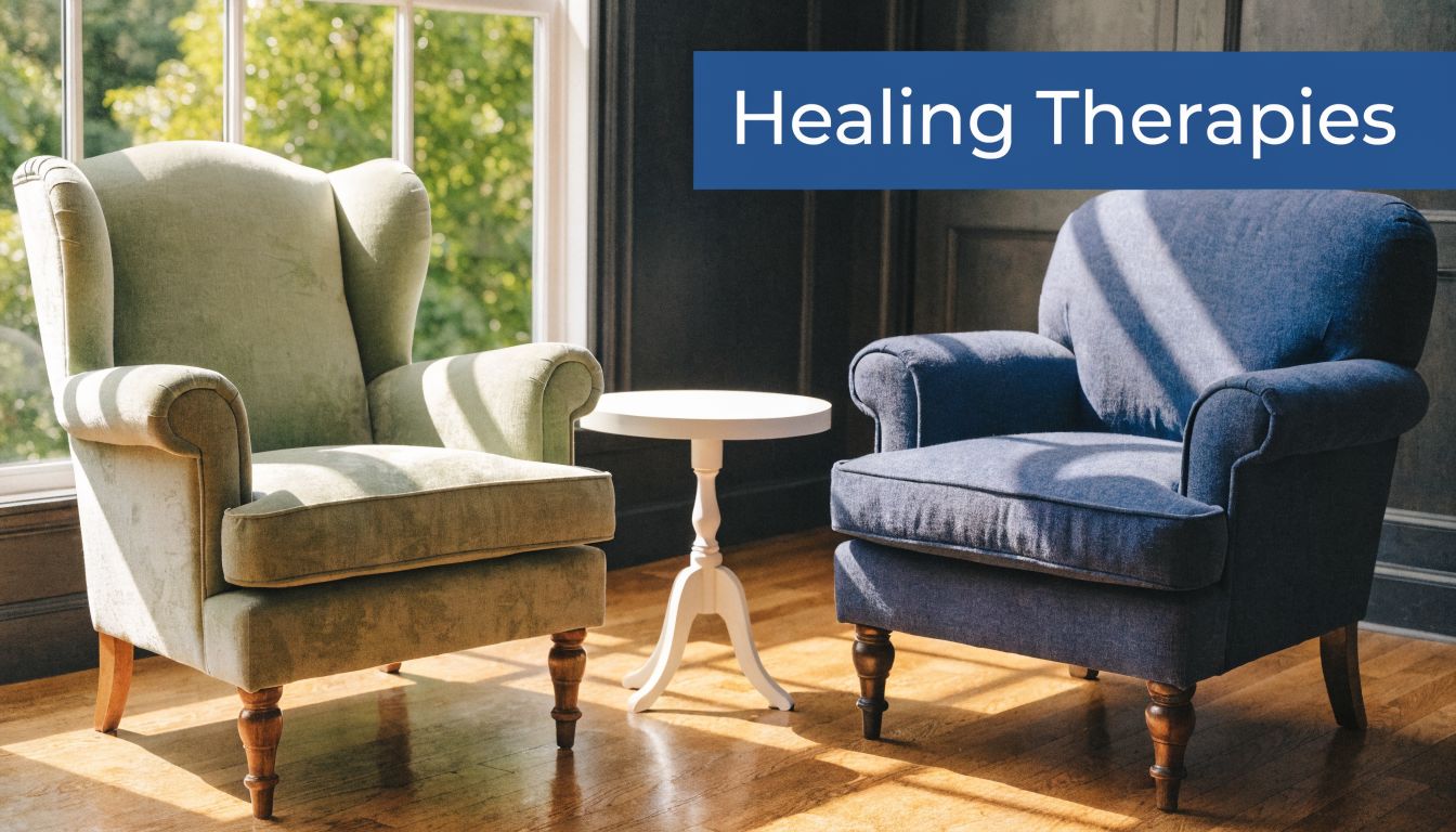 A cozy, sunlit room featuring two comfortable armchairs and a small side table for therapy sessions.