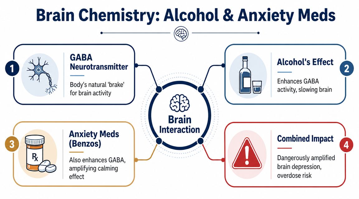 A diagram explaining how alcohol and anxiety medications interact with the brain's GABA neurotransmitter system.