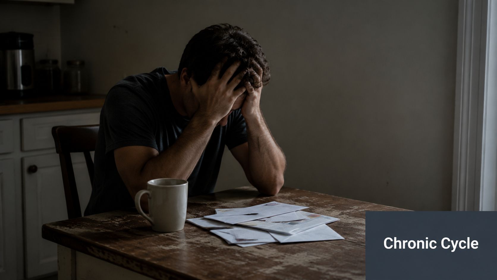 A distressed man sitting at a table with papers, appearing overwhelmed by stress or mental health struggles.