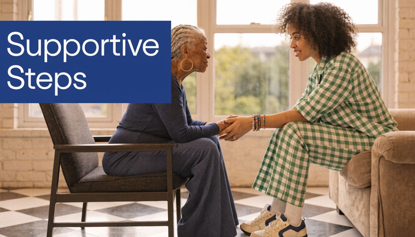 A young caregiver compassionately holds the hands of an elderly woman during a supportive conversation.