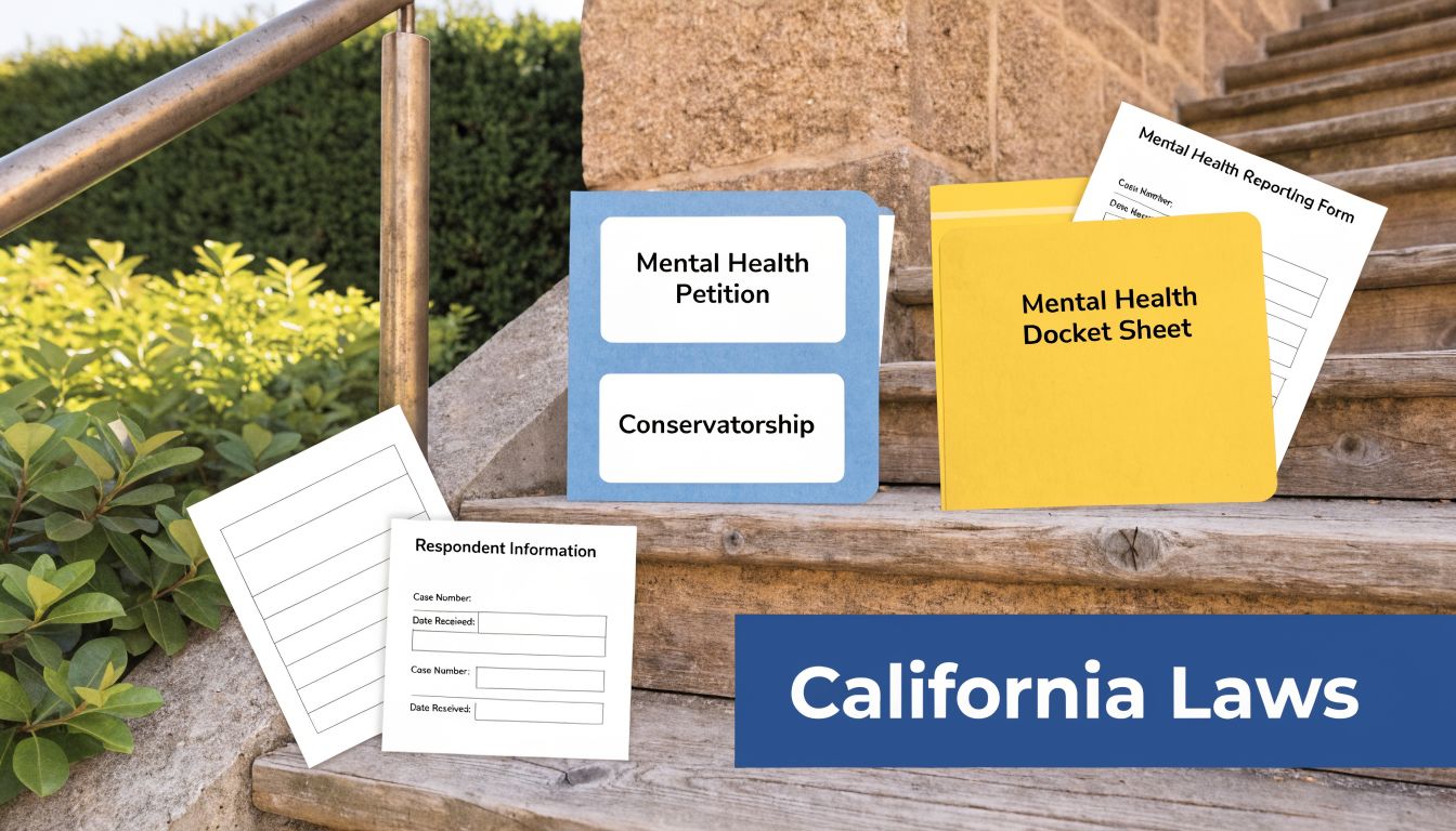 Legal documents relating to California mental health laws, conservatorship, and mandatory reporting on stone steps.