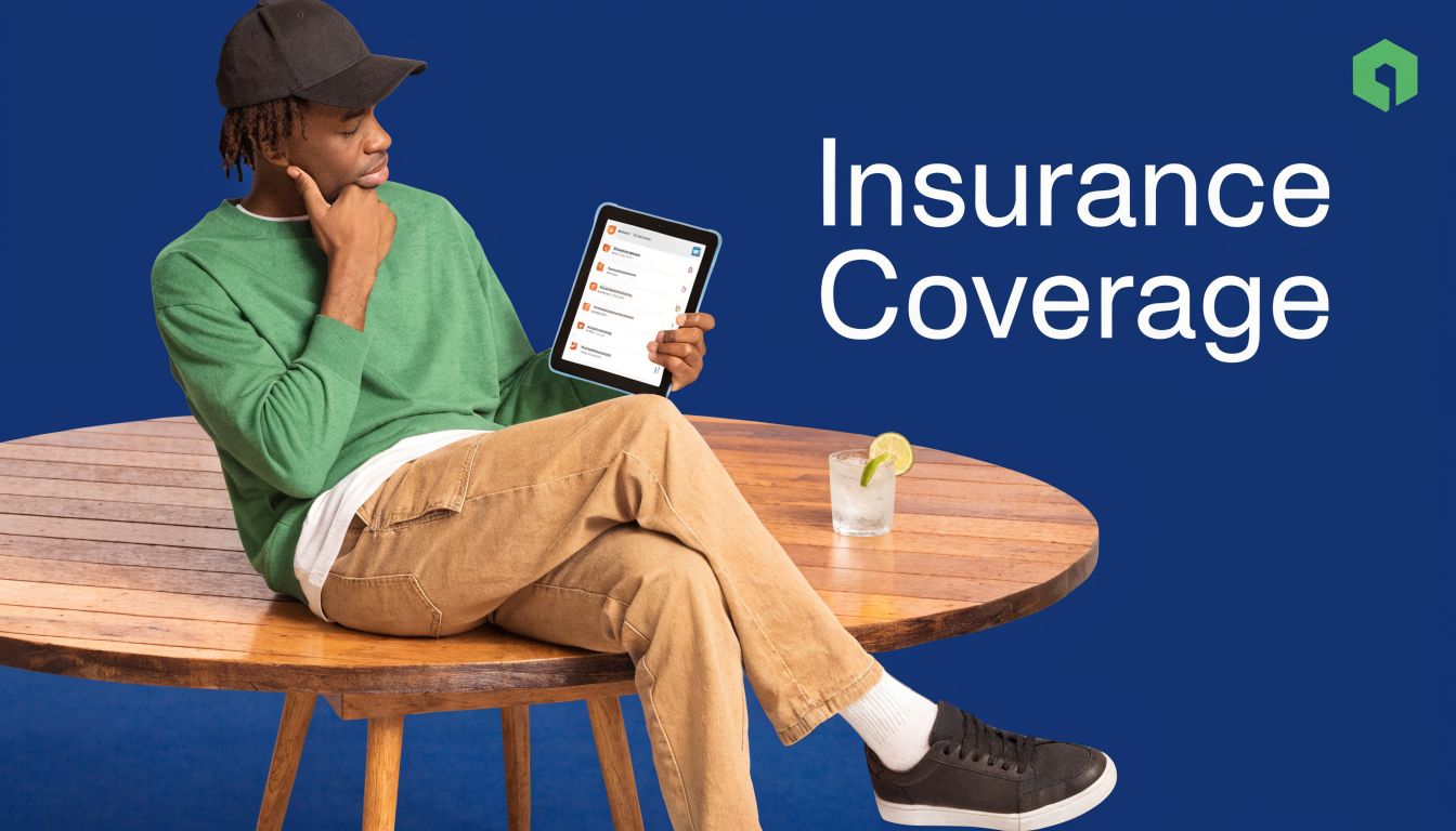 A young man sitting on a wooden table, looking at a digital tablet showing insurance coverage details.