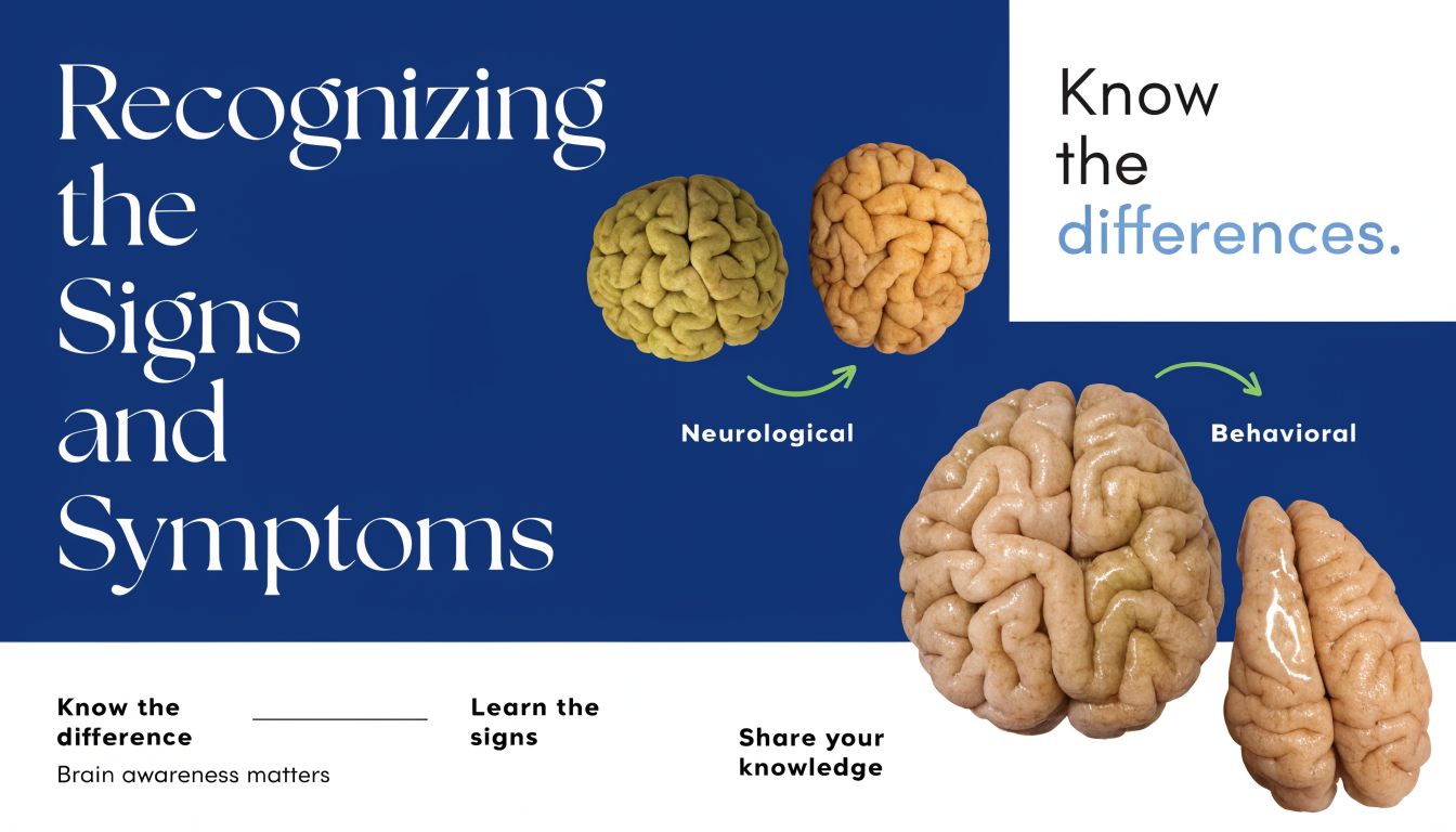 A graphic featuring images of human brains with text highlighting the differences between neurological and behavioral symptoms.