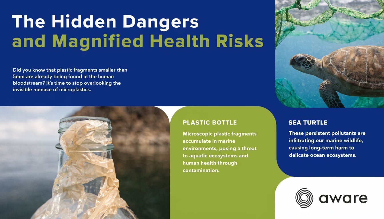 An infographic titled The Hidden Dangers and Magnified Health Risks about the environmental impact of microplastics.