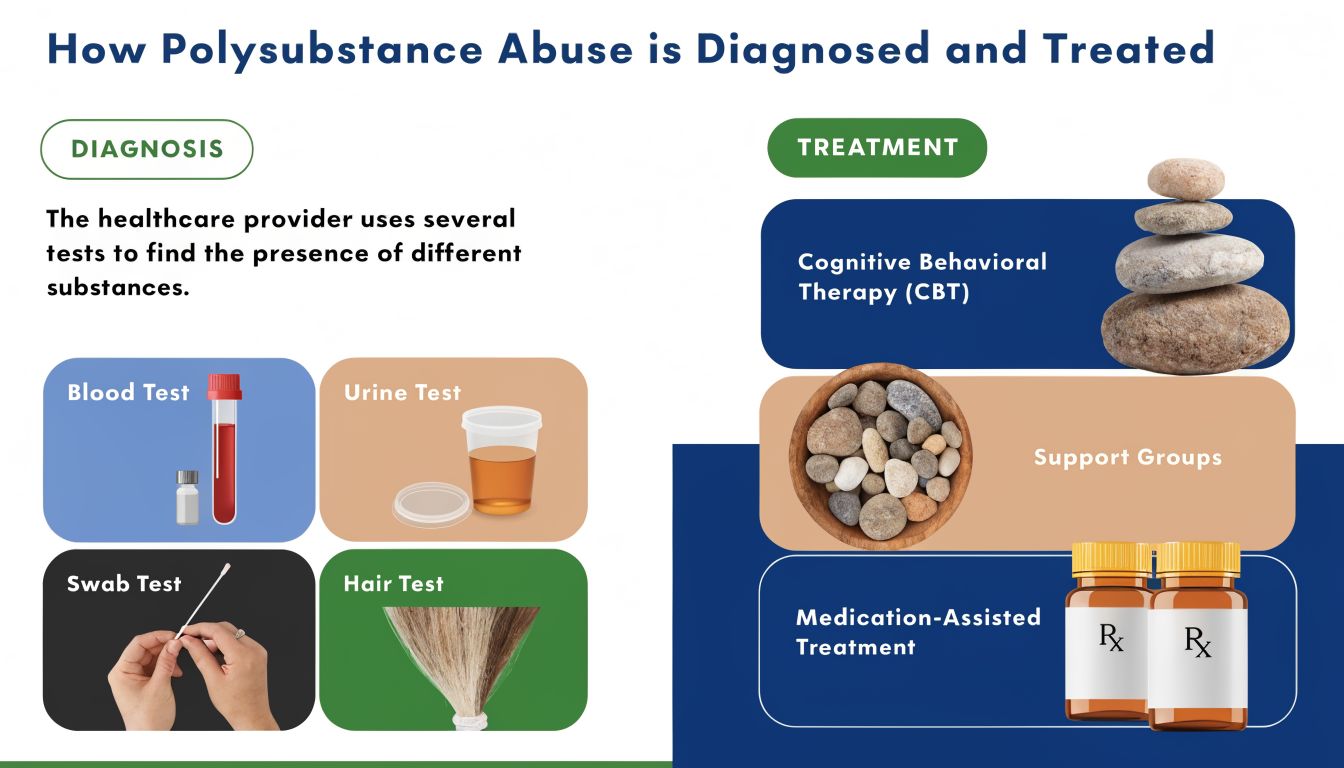 An infographic detailing diagnostic tests and treatment methods used for managing polysubstance abuse in patients.