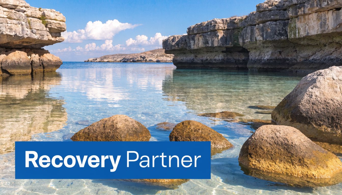 A serene coastal scene with crystal clear blue water surrounded by rocky cliffs and large smooth boulders.
